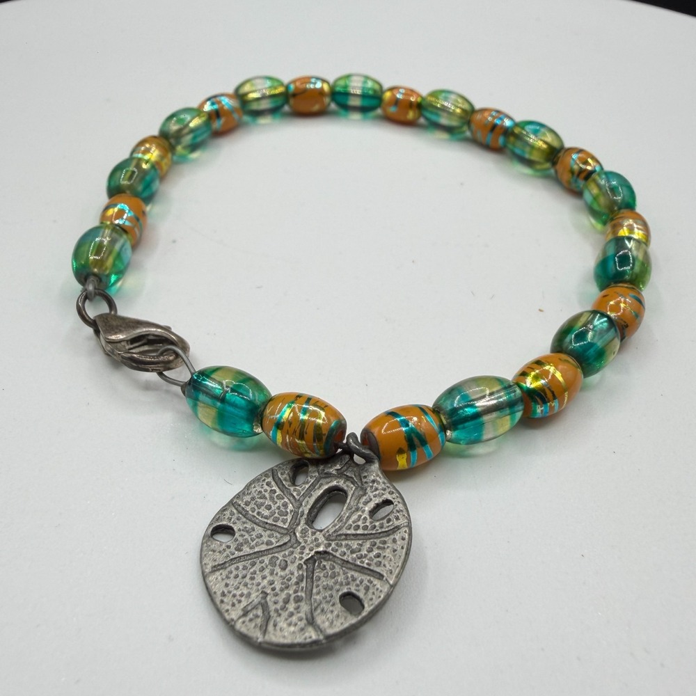 Sand Dollar Charm Bracelet Teal Orange Glass Beads Silver Tone Beach Boho Gift